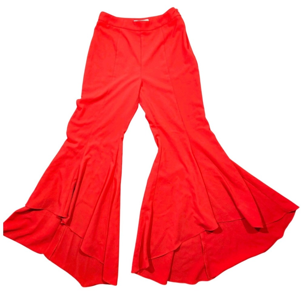 DO+BE High Waist Ruffle Accent Flared Zip Red Pants for Women Meduim